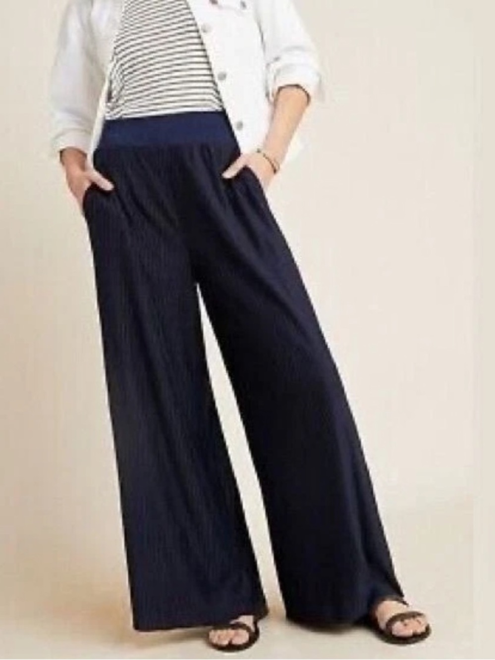 Anthropologie Delano Plissé Wide-Leg Palazzo Pants Navy Small
